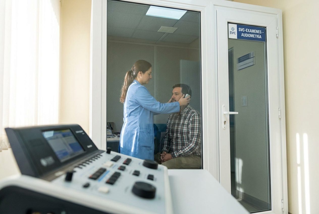 Profesional de salud realizando una audiometría a un trabajador en cabina