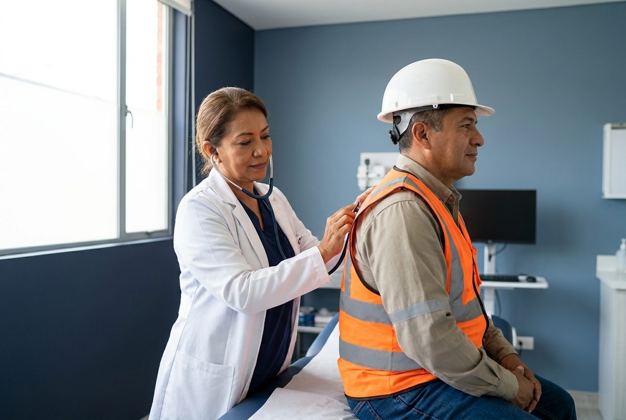 Médica ocupacional auscultando a un trabajador con casco y chaleco reflectivo