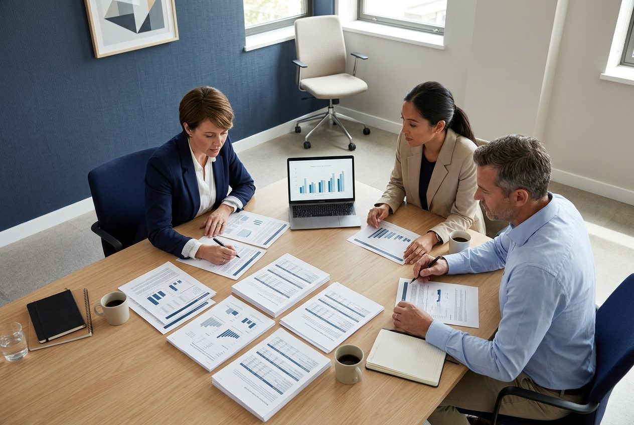 Equipo de supervisión revisando informes impresos en una mesa de trabajo